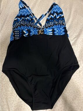 Anne Cole Blue Pattern & Black One-Piece Swimsuit